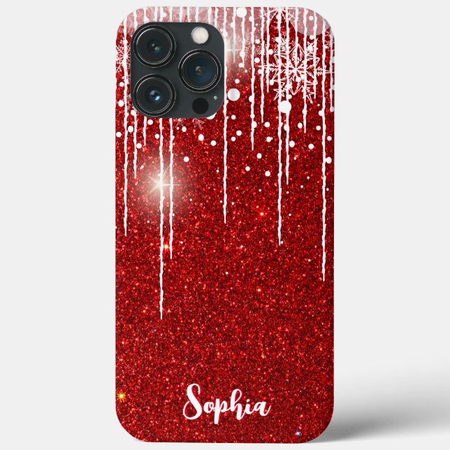Red White Snowy Dripping Snowflake Custom Name Case-Mate iPhone Case (Back)