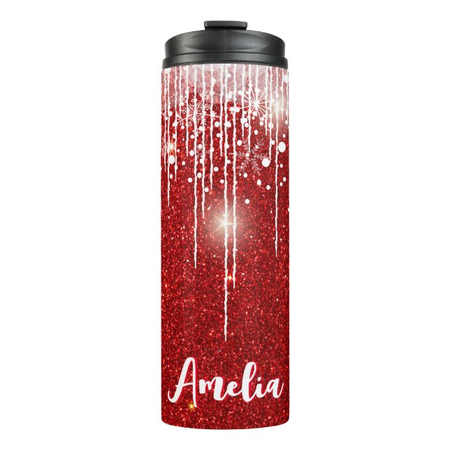 Red White Snowy Dripping Snowflake Custom Name Thermal Tumbler (Front)