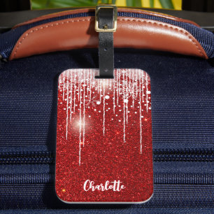 Red White Snowy Snowflake Add Your Name Luggage Tag