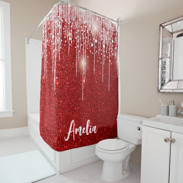 Red White Snowy Snowflake Your Name Shower Curtain (In Situ)