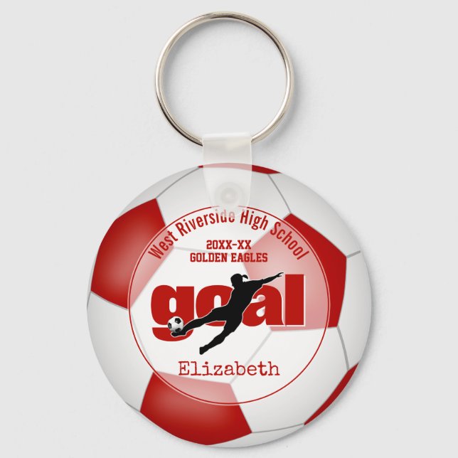 red white soccer ball goal girls' team spirit key ring (Front)
