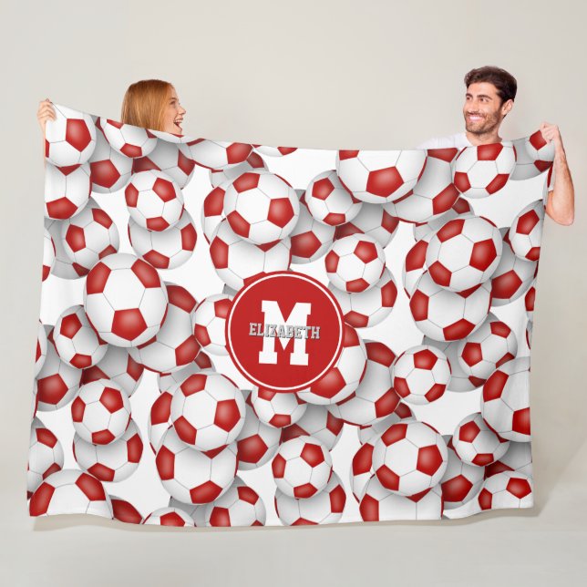 red white soccer balls pattern monogrammed fleece blanket (In Situ)