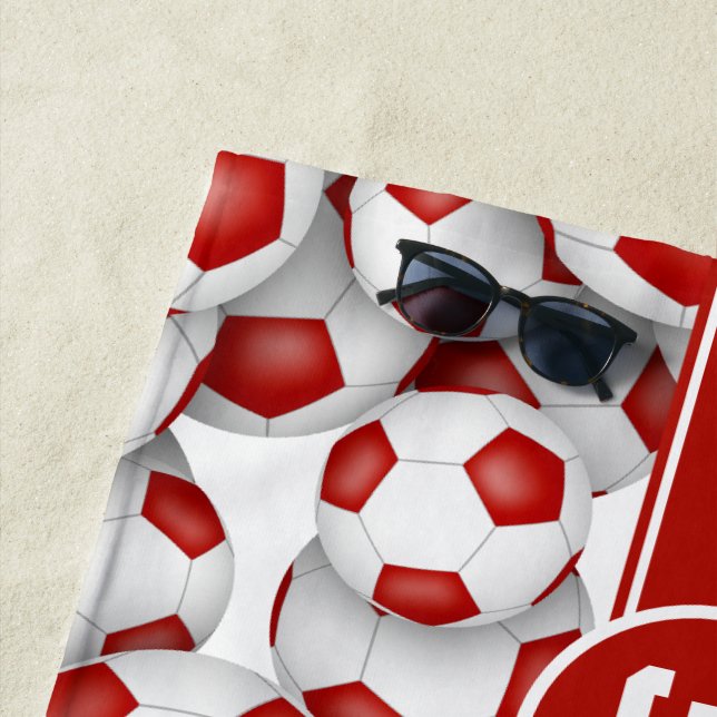 Red white soccer balls pattern personalised name  beach towel (In Situ)