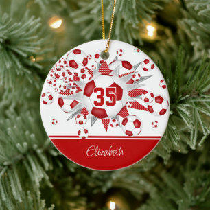 Red white soccer balls stars personalised  ceramic ornament