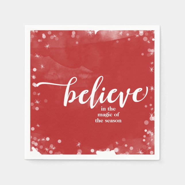 Red & White Sparkle Believe Christmas Holiday Napkin (Front)