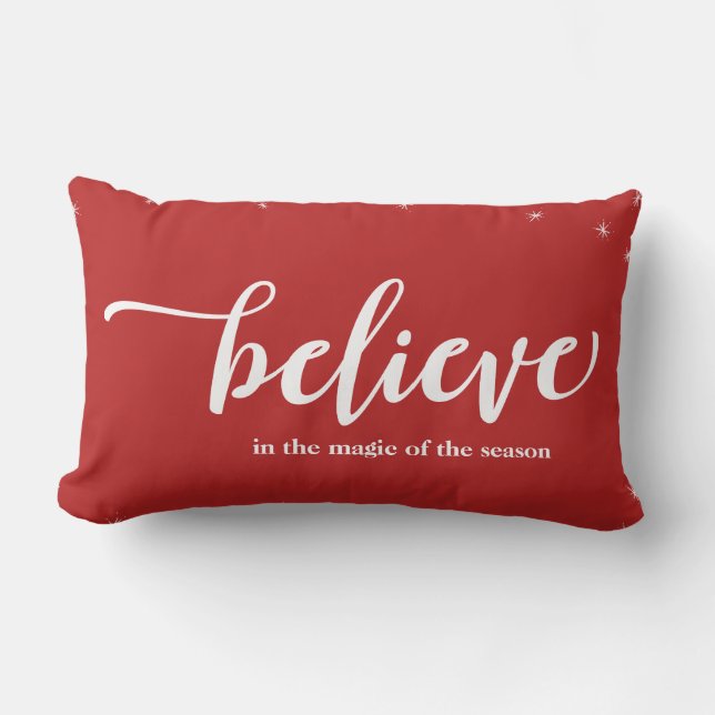 Red & White Sparkle Believe In Holiday Christmas Lumbar Cushion (Front)