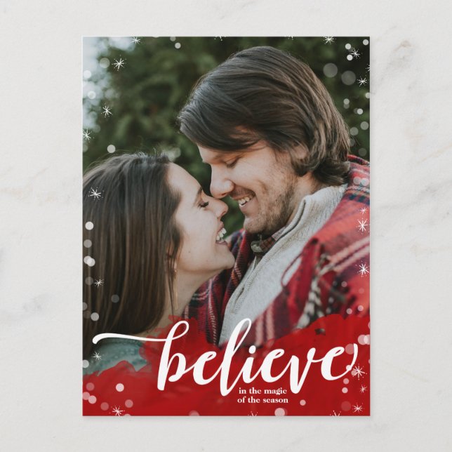 Red & White Sparkle Believe in the Magic Christmas Postcard (Front)