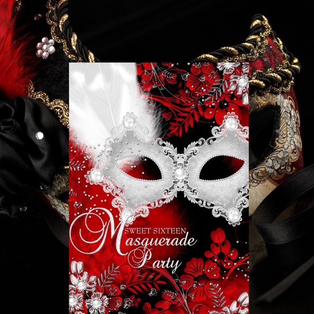 Red White sparkle Mask Masquerade Sweet 16 Invitation (Creator Uploaded)