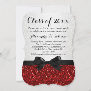 Red/White Sparkly Bow Shaped Graduation Invitation