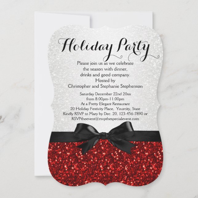Red/White Sparkly Bow Shaped Holiday Party Invitation (Front)