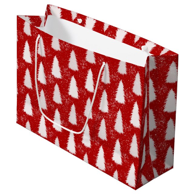 Red & White Sparkly Snowflakes & Trees Christmas Large Gift Bag (Front Angled)