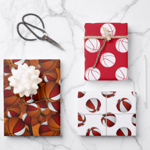red white sports basketballs pattern gift wrapping paper sheet