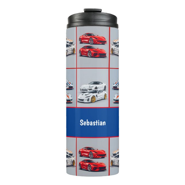 Red & White Sporty Sports Cars Enthusiasts Thermal Tumbler (Front)