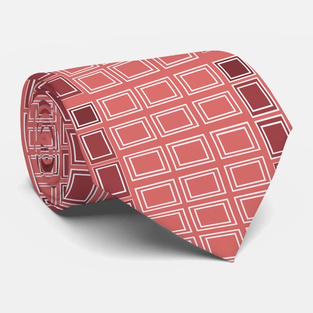 Red White Square Rectangle Geometric Tie (Rolled)