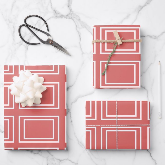 Red White Square Rectangle Geometric Wrapping Paper Sheet (Front)