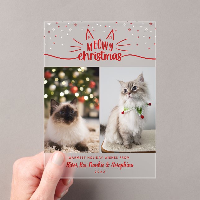 Red White Stars 2 Cat Photos Meowy Christmas Acrylic Invitations (Insitu (Handheld))