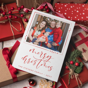 Red & White Stars 2 Photos Merry Christmas Holiday Card