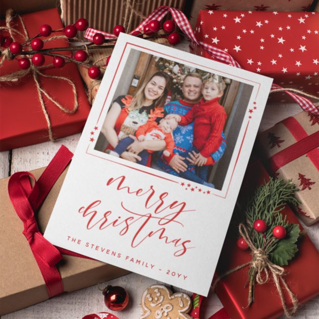 Red & White Stars 2 Photos Merry Christmas Holiday Card (Creator Uploaded)