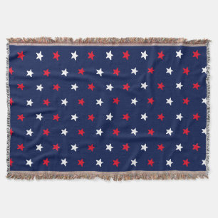Red white stars, navy blue background pattern throw blanket