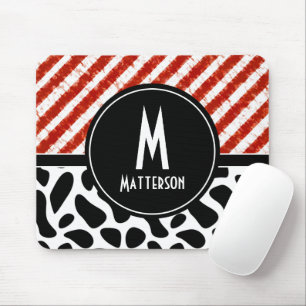 Red White Stripe Black Pattern Monogram  Mouse Pad