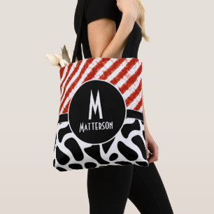 Red White Stripe Black Pattern Monogram Tote Bag