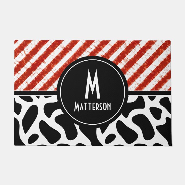 Red White Stripe Black White Pattern Monogram    Doormat (Front)