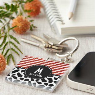 Red White Stripe Black White Pattern Monogram Key Ring