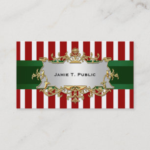 Red White Stripe, Green Ribbon, Gold Framed Label Business Card