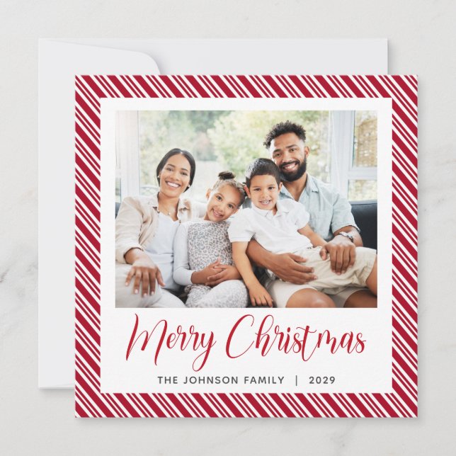 Red White Stripe Merry Christmas Photo Holiday Card (Front)