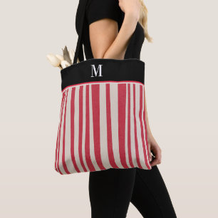 Red White Stripe Monogram Tote Bag