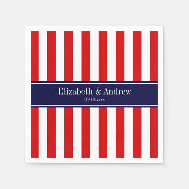 Red White Stripe Navy Blue Name Monogram Napkin (Front)