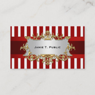 Red White Stripe, Red Ribbon, Gold Framed Label Business Card