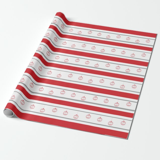 Red, white stripe with ornaments wrapping paper (Unrolled)