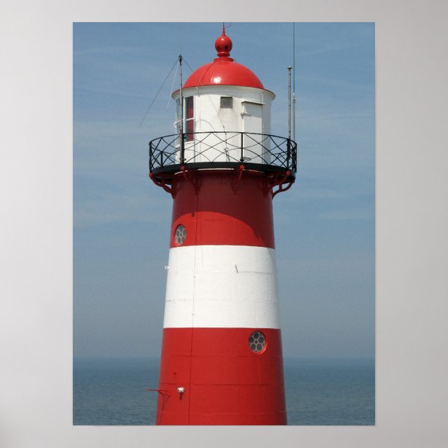 Red White Striped Lighthouse Sea Photo Poster (Front)