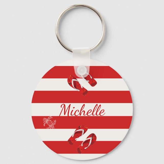 Red white stripes beach summer name key ring (Front)