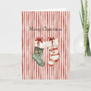Red White Stripes Christmas Stockings with Bells Card