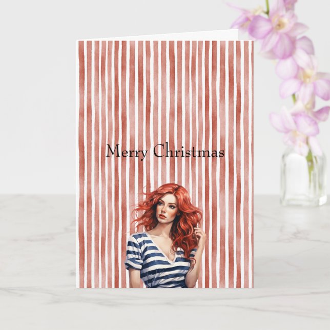 Red White Stripes Christmas Woman Red Hair Card (Orchid)