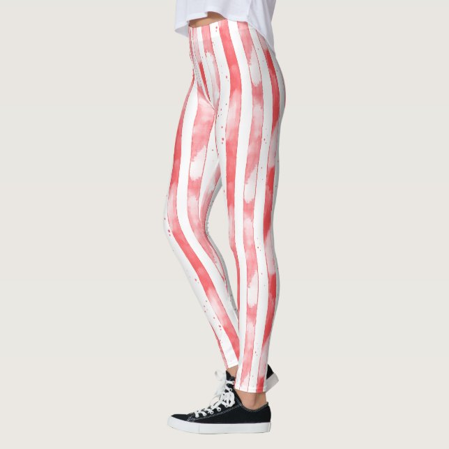 Red White Stripes Dots Christmas Leggings (Left)
