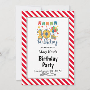 Red/White Stripes Framed 10th Birthday Party Invitation