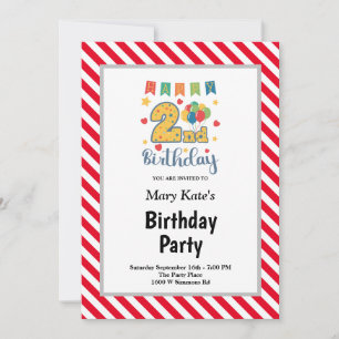 Red/White Stripes Framed 2nd Birthday Party Invitation
