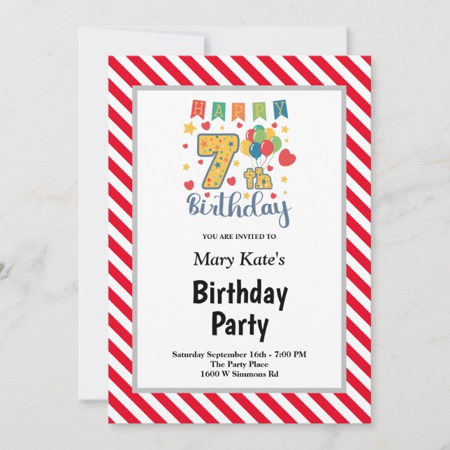 Red/White Stripes Framed 7th Birthday Party Invitation (Front)