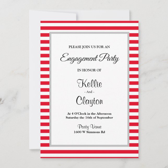 Red/White Stripes Framed Engagement Party Invitation (Front)