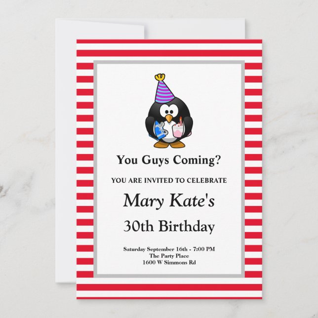 Red/White Stripes Framed Funny Birthday Party Invitation (Front)