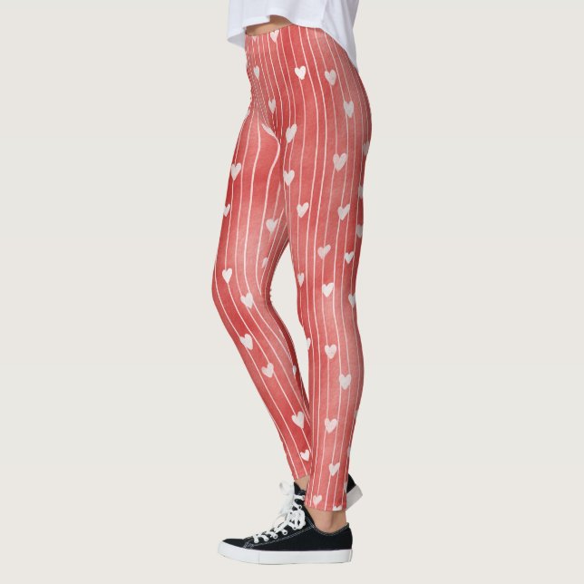 Red White Stripes Hearts Leggings (Left)