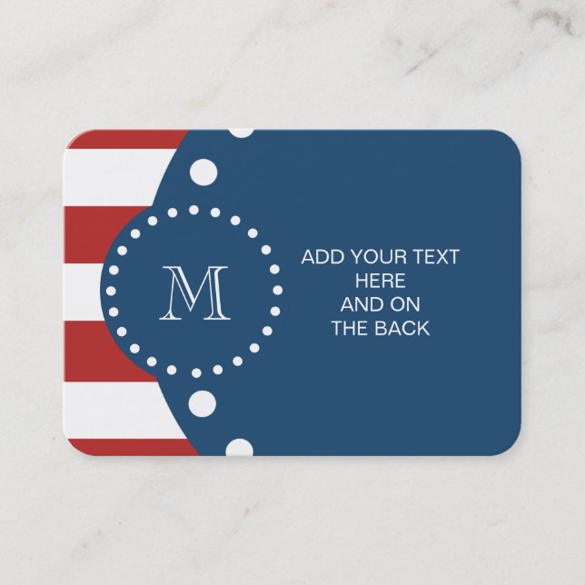 Red White Stripes Pattern, Navy Blue Monogram Business Card (Front)