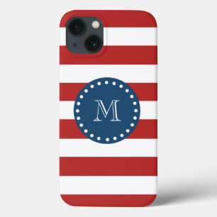 Red White Stripes Pattern, Navy Blue Monogram iPhone 13 Case