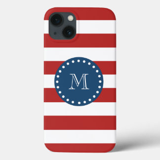 Red White Stripes Pattern, Navy Blue Monogram iPhone 13 Case
