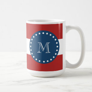 Red White Stripes Pattern, Navy Blue Monogram Coffee Mug