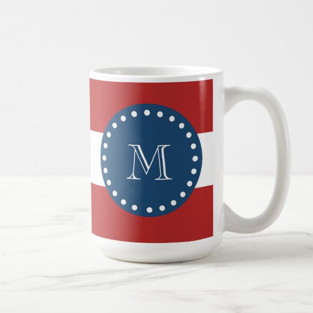 Red White Stripes Pattern, Navy Blue Monogram Coffee Mug (Right)