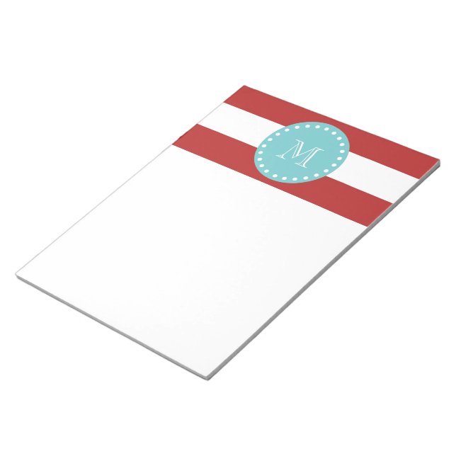 Red White Stripes Pattern, Teal Monogram Notepad (Angled)